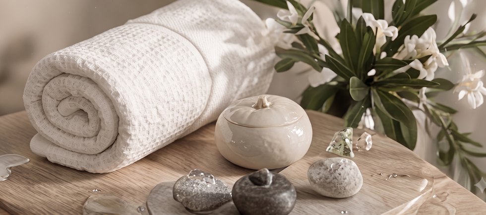 Rolled towel, stones and flowers in the treatment room